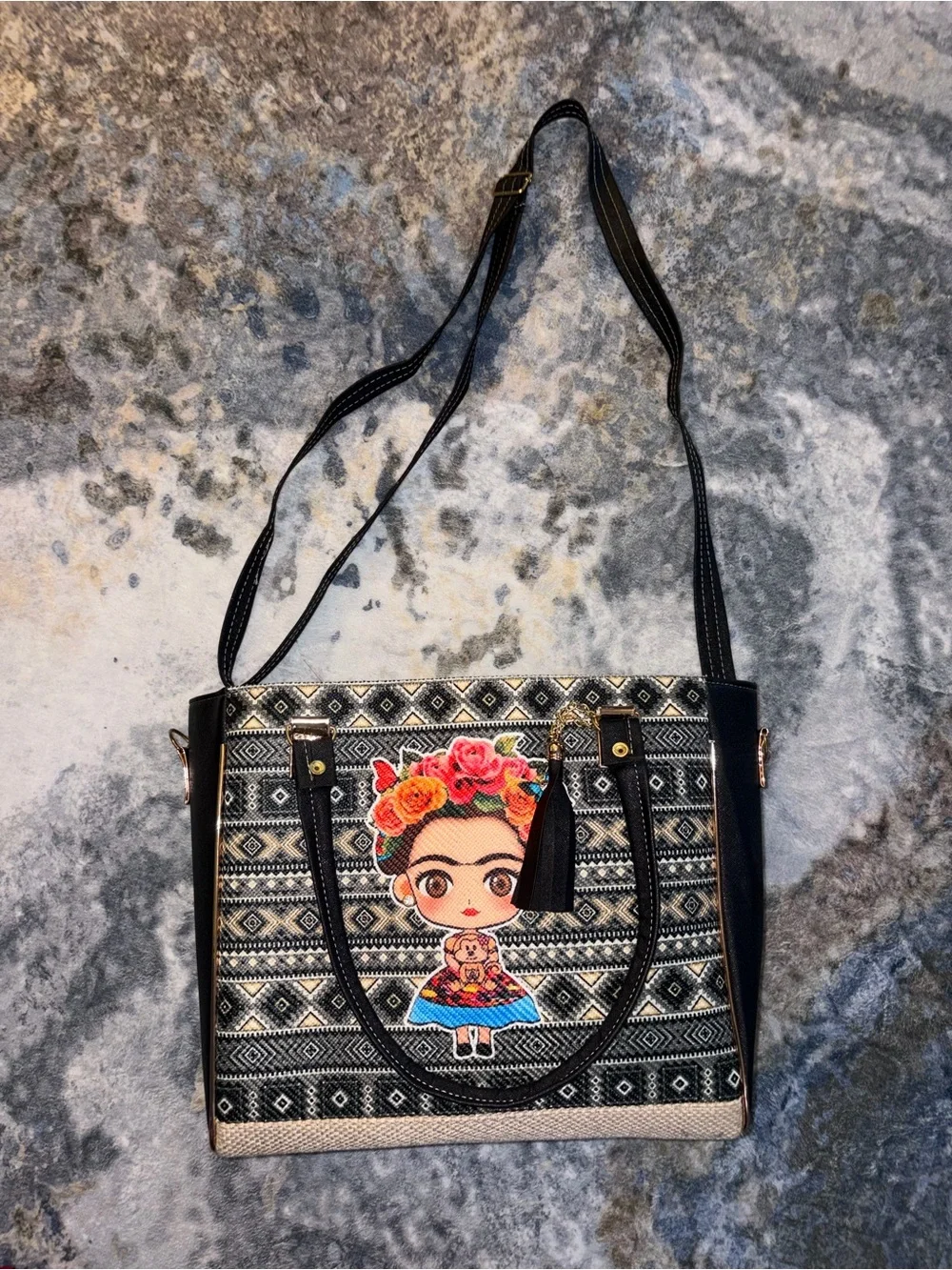 Frida Kahlo Embroidered Black Patterned Women's Tote Bag